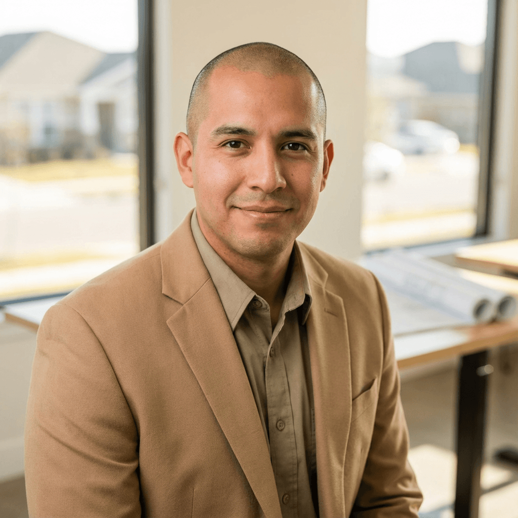 Male painter in his mid 30s, Hispanic, confident and experienced demeanor appropriate for construction