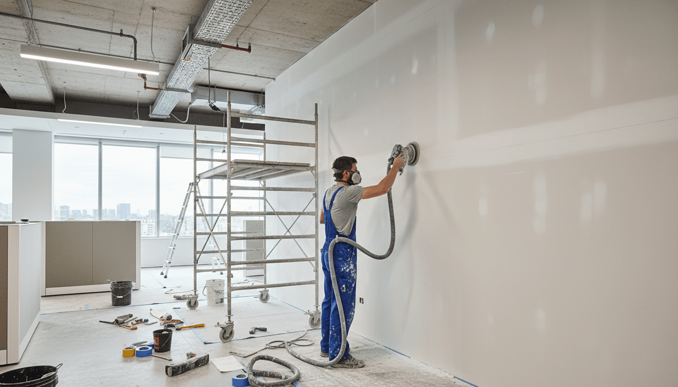 Painter sanding a wall surface in a commercial office before painting