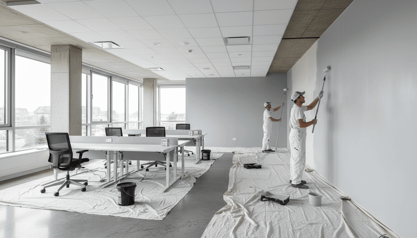 Professional painters applying paint to a wall in a bright commercial office