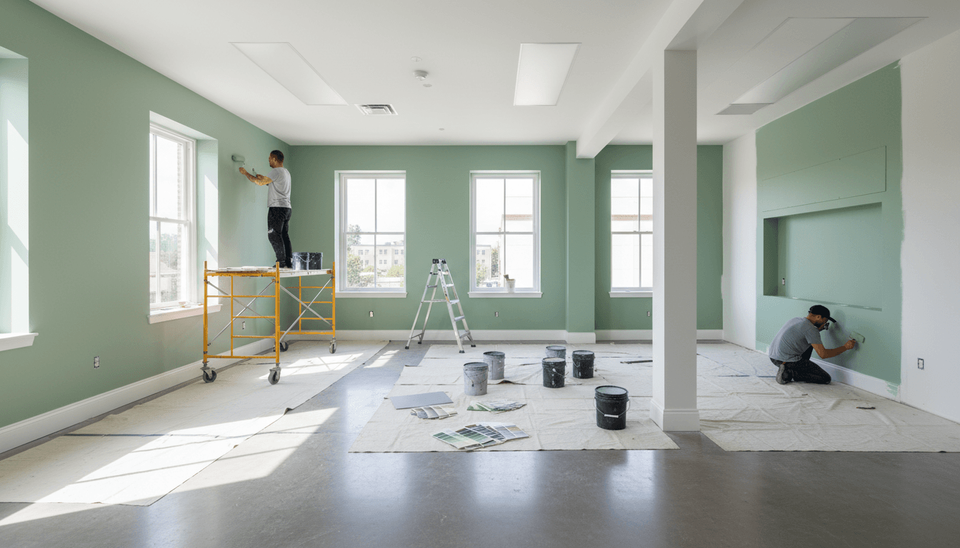 Professional painter painting an interior wall in a bright modern office space