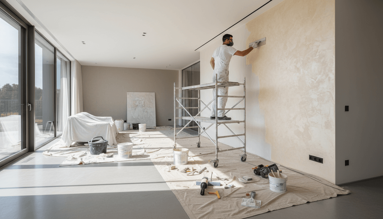 Professional painter sanding a wall in a bright commercial space
