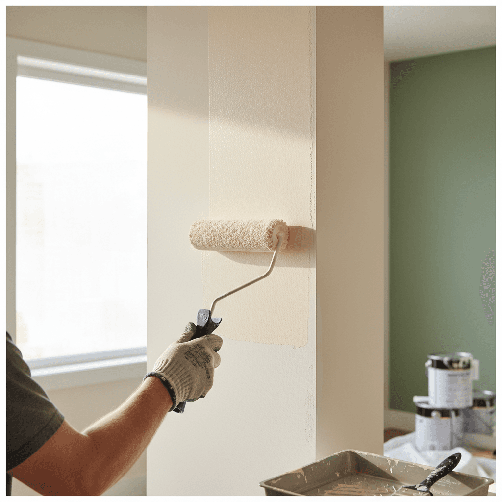 Painter applying white paint to an office wall with a roller