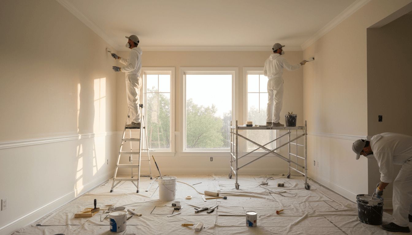 Painter in a bright modern office applying paint to an interior wall