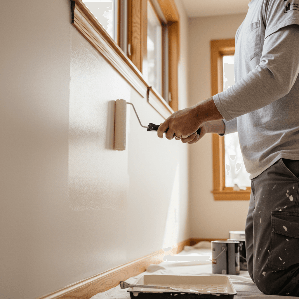Commercial painter applying paint in a bright office space