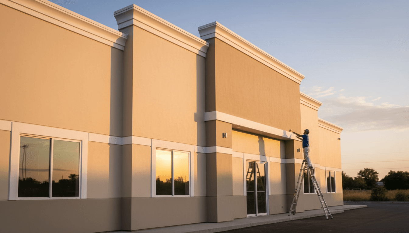 Painter using a sprayer on a large commercial exterior wall
