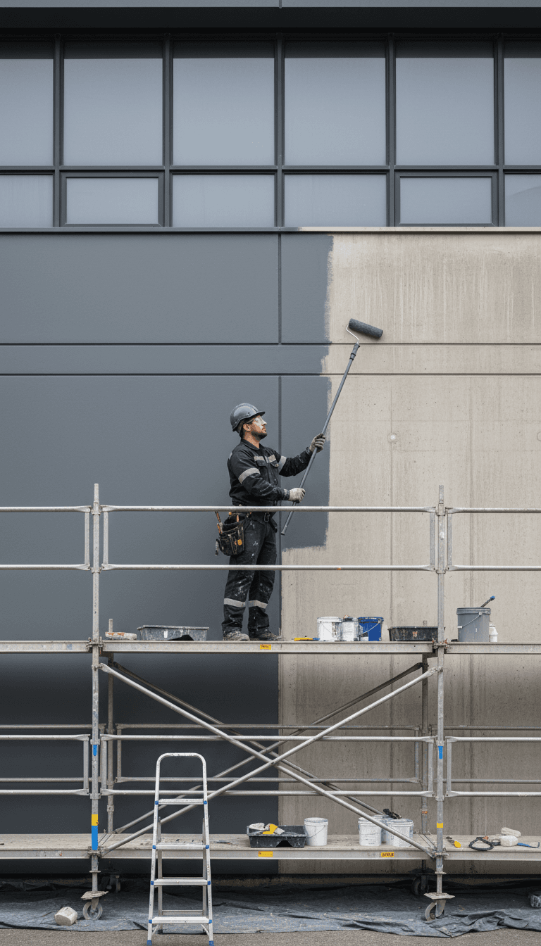 Contractor painting the exterior of a commercial building