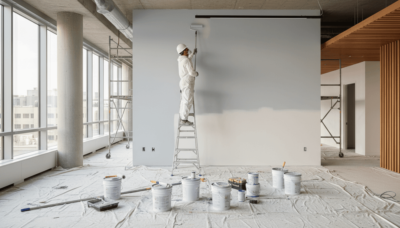 Professional painter painting an interior wall in a bright commercial office space
